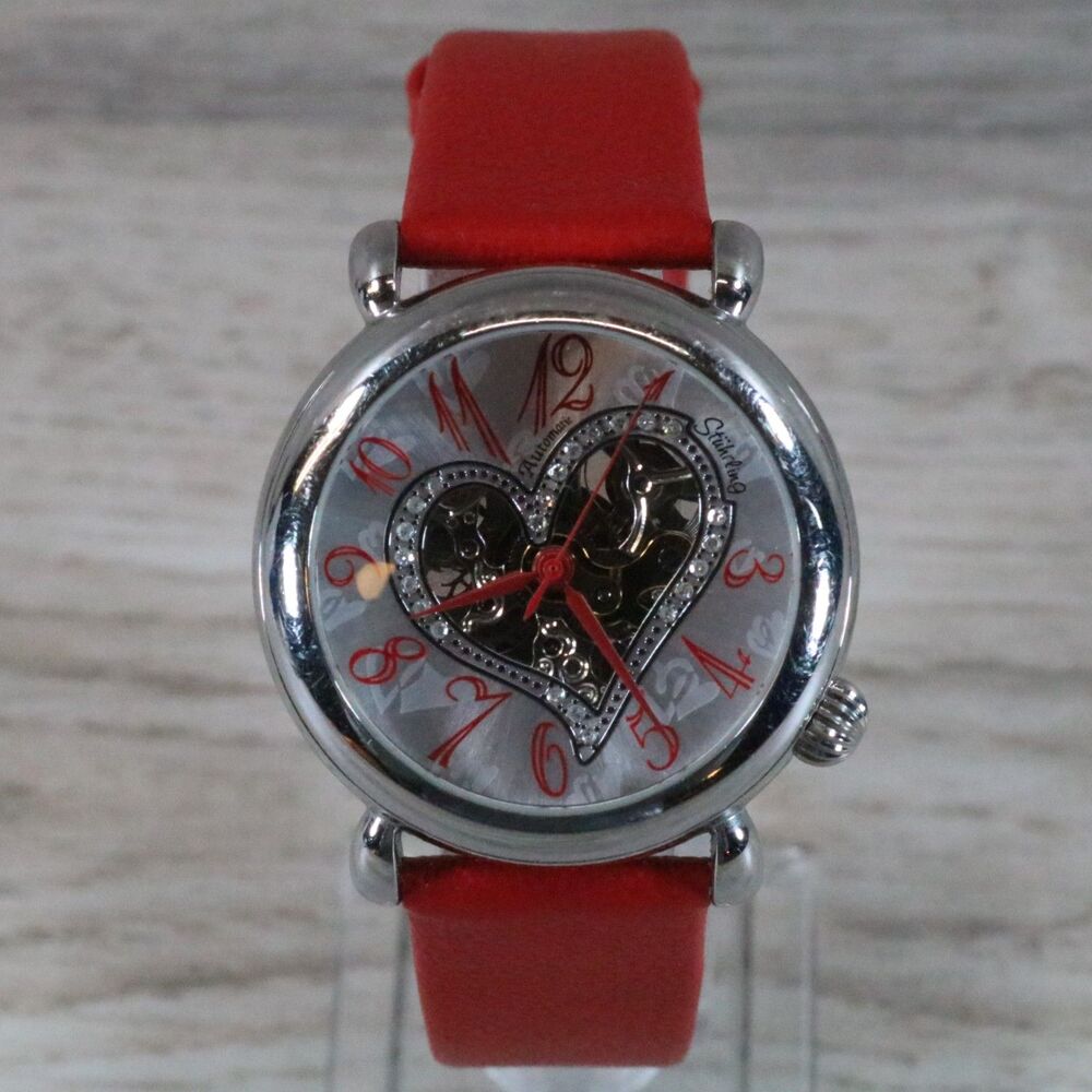 Stührling Heart Skeleton Automatic Watch – Pre-Owned, Red, Round
